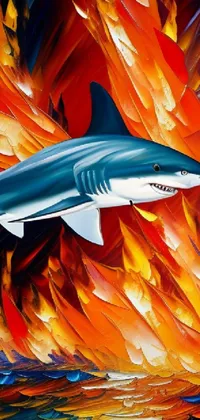 This live phone wallpaper showcases an intense image of a shark set against a fiery backdrop