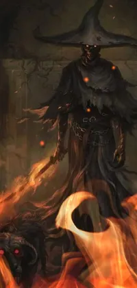 This mesmerizing phone live wallpaper features a brave figure standing against demonic creatures amidst a dark forest backdrop with swirling mist and flickering flames