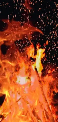 This phone live wallpaper depicts a captivating view of a raging fire with sparks flying around