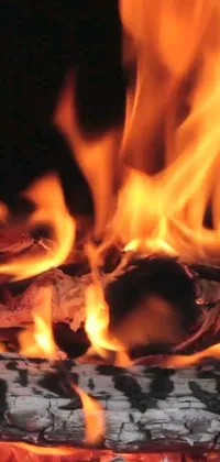 Upgrade your phone's home screen with the mesmerizing live wallpaper featuring a close-up of a roaring fire in a fireplace