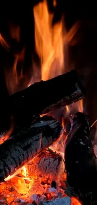 This live wallpaper for phone showcases a stunning close-up of a fireplace's blazing fire with high definition graphics