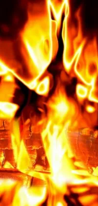 This phone live wallpaper showcases a stunning close-up of a vibrant and warm fire in a cozy fireplace