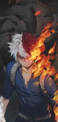 This live phone wallpaper features an striking anime drawing of a man standing in front of a crimson fire
