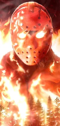 This live wallpaper features a Friday the 13th-inspired concept art with shock art elements, set against a fiery red lake background