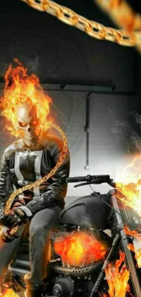 This phone live wallpaper features an intense scene, with a biker on a flaming motorcycle casting fire spells as he races down the road