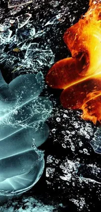 This phone live wallpaper features a stunning close-up view of a dramatic fire and ice scene