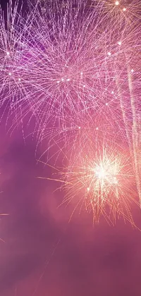 This lively phone live wallpaper depicts a dazzling display of fireworks illuminated against a pink and purple sky