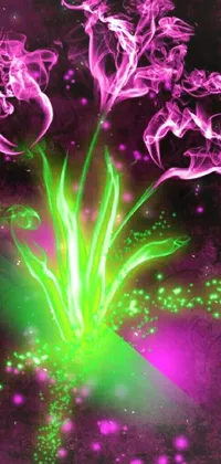 This live wallpaper is an eye-catching digital artwork that features a vibrant purple and green flower with ethereal smoke emanating from the center of the petals