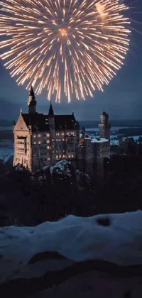 This phone live wallpaper showcases a beautiful castle with a colorful firework display in the sky