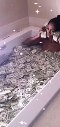 This unique phone live wallpaper features an eye-catching image of a woman nestled in a bathtub filled with cash