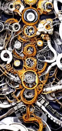 This phone live wallpaper showcases a captivating close up of silver and gold gears, wires, and connectors, bringing a classy and complex feel to your device