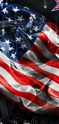 This dynamic phone live wallpaper features a large American flag flying over a bustling city skyline in vibrant colors