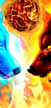 This phone live wallpaper showcases a stunning digital artwork of two wolves facing each other in an orange fire and blue ice duality