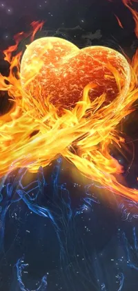 This phone live wallpaper showcases a heart ablaze as it soars through a stunning fantasy landscape, depicting a burning mountain in the distance