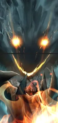This live wallpaper for your phone features a close-up of a demonic face with flames emanating from its eyes and mouth