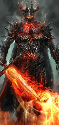 This live wallpaper portrays a menacing demon holding a sword amidst intricate concept art