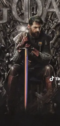This phone live wallpaper depicts a warrior seated on a throne with a sword, in an arresting colorized photo with a Hurufiyya inspired aesthetic