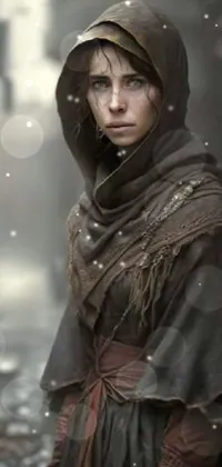 This live wallpaper displays a mysterious woman wearing a hood in a dark alleyway