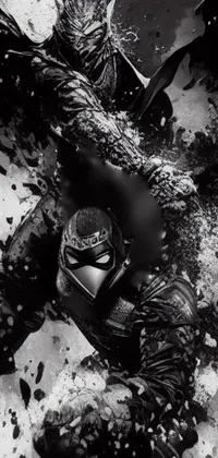 This live wallpaper features a striking black and white image of a person dressed as Batman, in an art style inspired by classic poster art