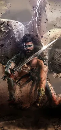 This stunning phone live wallpaper features a digital art scene of a warrior standing in the dirt with a sword