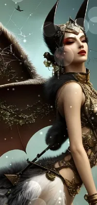 This dynamic live wallpaper features a stunning digital artwork of a woman dressed as a dragon with bat wings and a steampunk style goddess