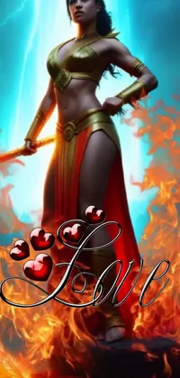 This striking phone live wallpaper features a fearless swords-woman standing confidently before a raging fire, with her sword drawn