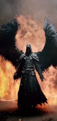 The phone live wallpaper boasts a gothically artistic design featuring a dark angel before a blazing fire with black wings instead of arms