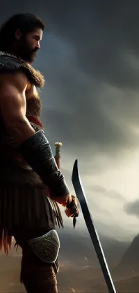 Enhance your phone's screen with this magnificent live wallpaper featuring a fierce barbarian wielding a sword, standing against a stunning mountain vista in rich 8K detail