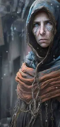 This phone live wallpaper features a fantasy character portrait of a woman standing in an urban alley wearing a cloak and chain around her neck