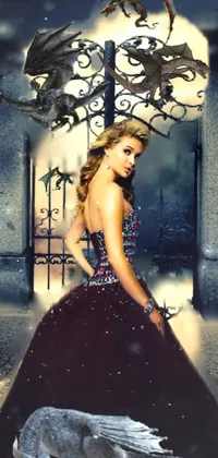 This stunning phone live wallpaper boasts a beautiful woman standing before an ornate gate