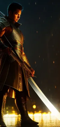 This phone live wallpaper is a stunning visual featuring an armored Persian warrior with a sword and shield, standing in the rain