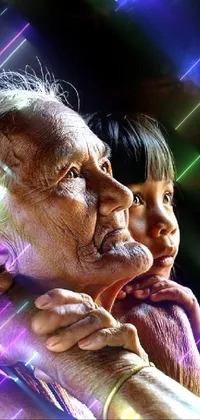 This phone live wallpaper showcases a heartwarming, close-up image of an elderly person holding a child