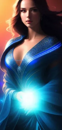 This fantasy phone live wallpaper showcases a stunning digital art piece of a woman wearing a blue dress and holding a glowing ball