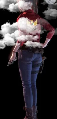 This dazzling 3D live wallpaper depicts a fierce woman in a red top with a gun in hand