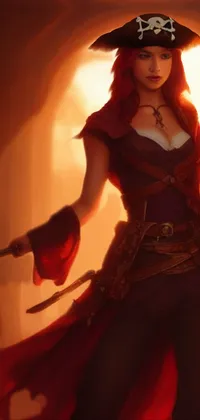 This phone live wallpaper depicts a fierce female pirate holding a sharp sword