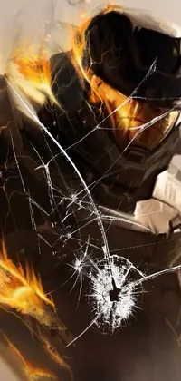 This phone live wallpaper is an eye-catching digital art creation featuring a bold and detailed armor warrior, an abstract painting of a burning man, and iconic sci-fi character Master Chief