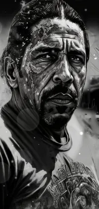 This phone live wallpaper features a black and white photo of a man with paint on his face standing in a township street