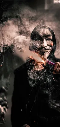 This live wallpaper depicts a masked vigilante smoking a cigarette in a Sots Art inspired digital artwork
