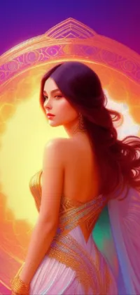 This 4K phone live wallpaper showcases an exquisite digital art piece portraying a woman standing elegantly in front of a glowing sun
