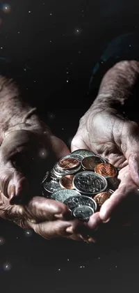 This phone live wallpaper features a realistic depiction of a hand holding a bunch of shiny coins