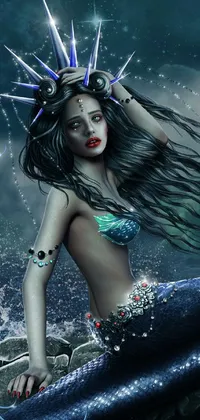 This stunning live phone wallpaper features a beautiful digital art mermaid queen seated atop a rocky ocean perch