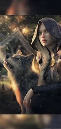 This live wallpaper features a young woman sitting next to a wolf in a mystical forest