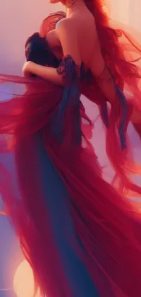 This stunning phone live wallpaper features a digital painting of a flowing red and blue dress set against a backdrop of a gorgeous red and pink sunset
