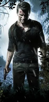This live wallpaper depicts a fearless man standing in a jungle, with a gun in his hand, ready to face any obstacle