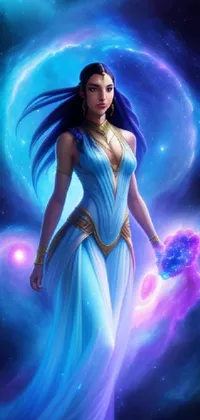 This live wallpaper features a female figure in a blue dress holding a shining crystal, set against a vibrant fantasy backdrop