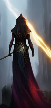 This striking phone live wallpaper features a highly detailed concept art of a determined woman in a long dress, holding a sword amidst splashes of lightning