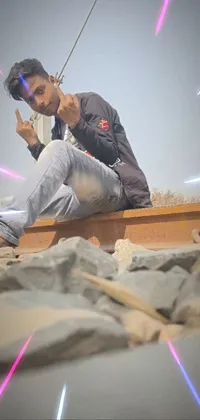 This cyber punk-themed live wallpaper features a man situated on top of a train track while striking a bold pose on a set of stones
