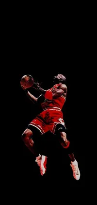 This dynamic live wallpaper for your phone features a stunning digital artwork of a man soaring through the air with a basketball