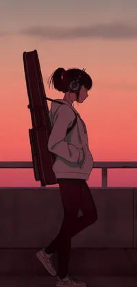 This phone live wallpaper has a cyberpunk theme, featuring a woman carrying a guitar case down a sidewalk, with a futuristic attire and a rifle in tow