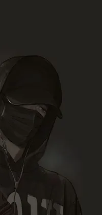 This phone live wallpaper showcases an intriguing character portrait of a thief wearing a hooded sweatshirt and a gas mask